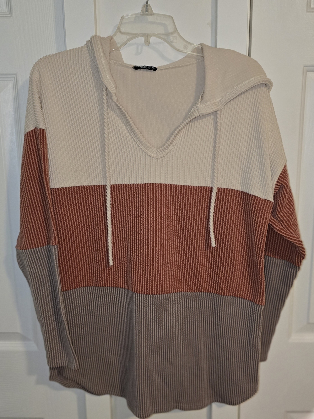 Heimish USA Colorblock Hooded Knit Sweater - Cream, Rust & Taupe